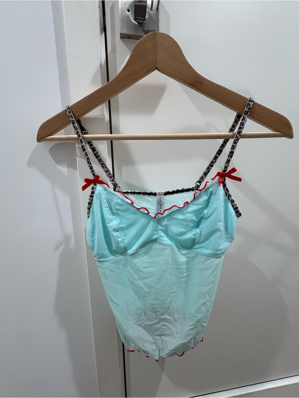 Urban Outfitters Aqua Slip Bodysuit with Black Trim and Red Bows